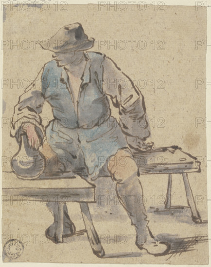 Seated farmer, hand resting on a jug on a bench in front of him, c1640-1674. Creator: Johannes Lingelbach.