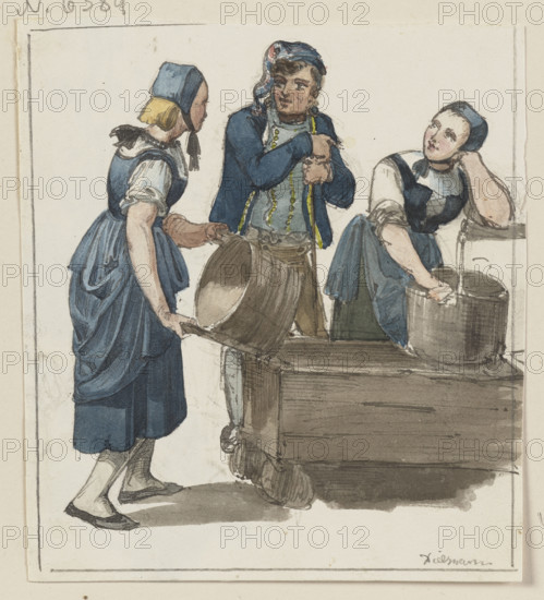 Two girls and a boy at a fountain, c1830-1880. Creator: Jakob Dielmann.