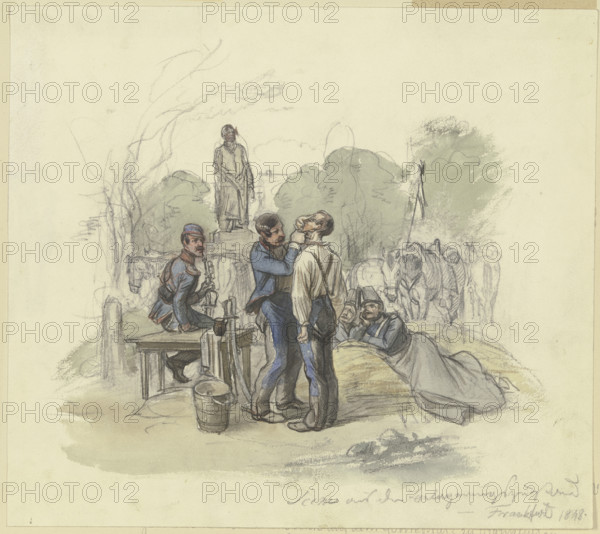 Württemberg cavalry on Goetheplatz in Frankfurt am Main in September 1848, 1848. Creator: Jakob Dielmann.