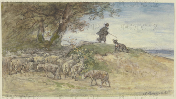 Sheep flock in a storm under a tree, 1881. Creator: Anton Burger.