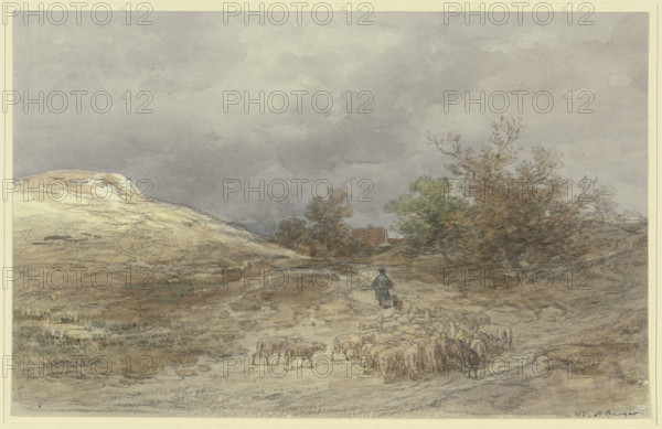 Sunken way with a flock of sheep near Kelsterbach, 1881. Creator: Anton Burger.