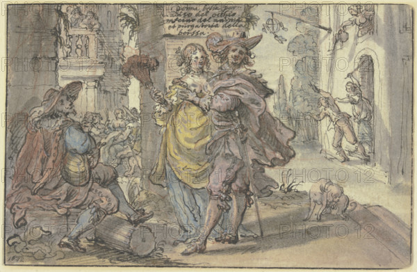 Elegant couple with a lute-player, 1642.   Creator: Mathias Strasser.