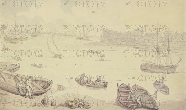 River with many ships and a shipyard, late 18th century. Creator: Thomas Rowlandson.