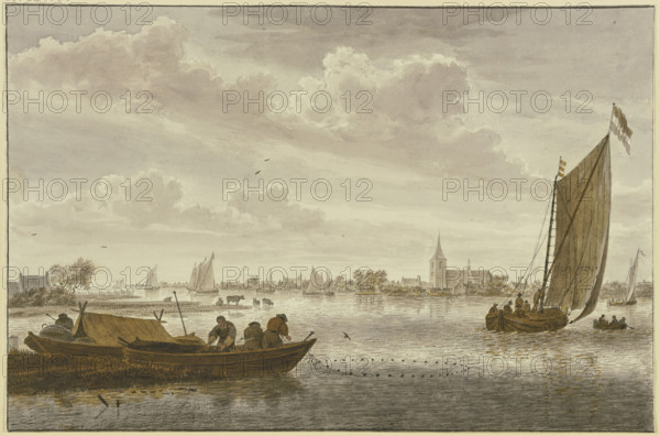 A river, bustling with ships and boatmen, with a small town nearby, mid-late 18th century. Creator: Cornelis van Noorde.