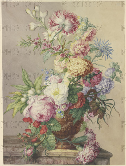 Bouquet in a vase on a marble table. Creator: Oswald Wijnen.