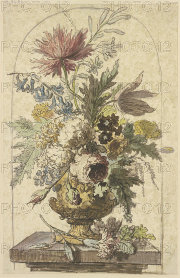 Bouquet of flowers in a vase, with a carnation in the foreground. Creator: Jan van Huysum.