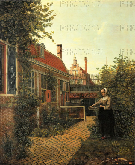 A Woman with a Basket of Beans in a Garden, 1651. Creator: Pieter de Hooch.