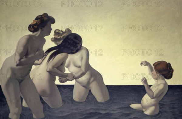 Three Women and One Little Girl Playing in the Water, 1907. Creator: Felix Vallotton.