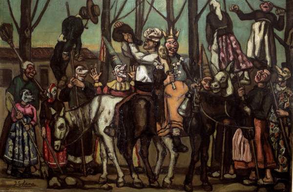 Men wearing masks on horseback.  Creator: José Gutiérrez Solana.