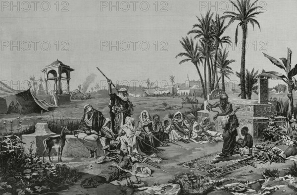Arabic customs: a snake charmer, 1883. After a painting by the Spanish artist Echena.  Creator: Arturo Carretero y Sánchez.