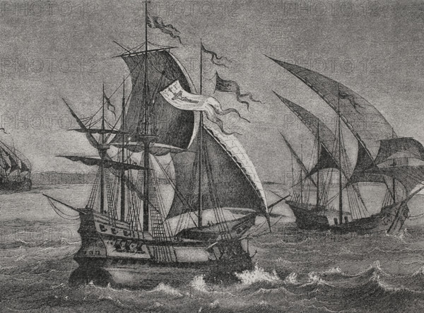 The three ships of Columbus: the caravel Niña, the caravel Pinta, and the carrack Santa María, 1892. Creator: Unknown.