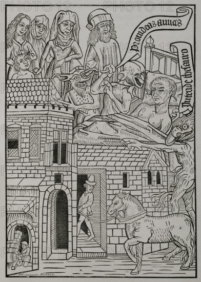 Medieval allegory of the temptation to avarice..., 1415, (1877).  Creator: Unknown.