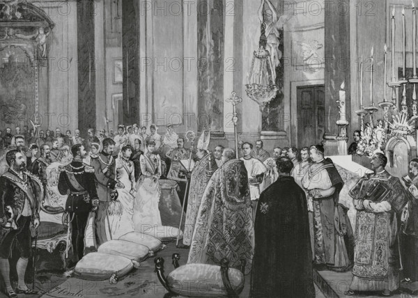 Ceremony of the nuptial blessing in the Royal Chapel of Infanta María de la Paz of Spain, 1883. Creator: Eugenio Vela.