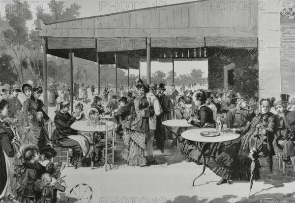 Scene at Retiro Park, featuring elegantly dressed people enjoying the afternoon, Madrid, Spain,1883. Creator: Bernardo Rico.