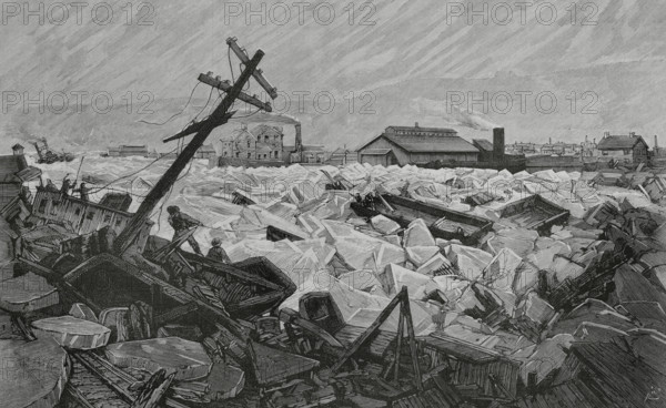 Invasion of Herr's Island, (Pittsburgh) by water and ice floes from the Alleghany River, Feb 1883. Creator: Bernardo Rico.