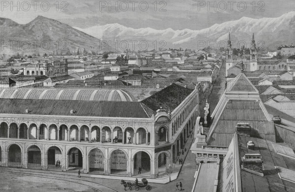 Partial view of the city and the nearby hills, Santiago, (Santiago de Chile), Chile, 1883. Creator: Bernardo Rico.