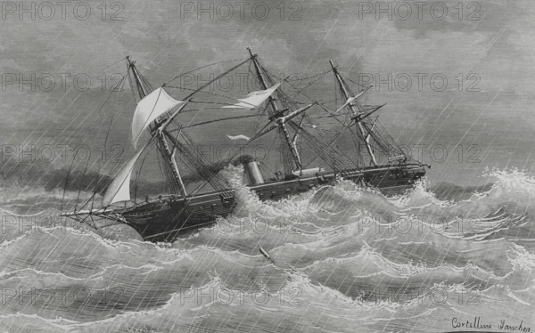 Crossing of the war frigate 'Navas de Tolosa' to the Pacific ports, 1882, (1883).   Creator: Tomás Carlos Capuz.