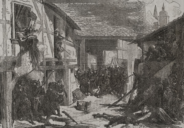 Franco-Prussian War (1870-1871): Battle of Wissembourg, 1870 -  Peasants defending a farmhouse,1870. Creator: Unknown.