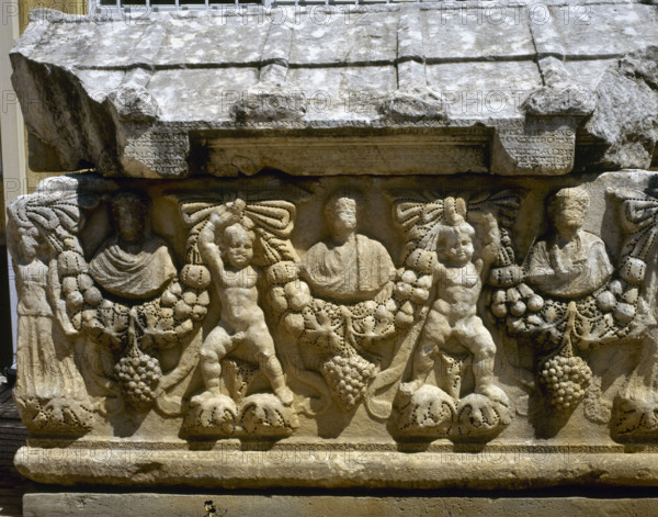 Detail of one of the faces of a Roman sarcophagus, Aphrodisias (Anatolia, Turkey), 2000. Creator: LTL.