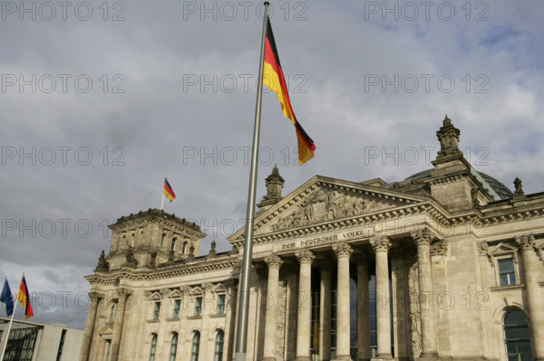 View of the main facade, Reichstag Building, Berlin, Germany, 2025. Creator: LTL.