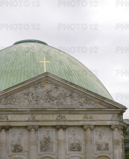 Architectural detail of the facade and dome, St Hedwig's Cathedral, Berlin, Germany, 2025.  Creator: LTL.