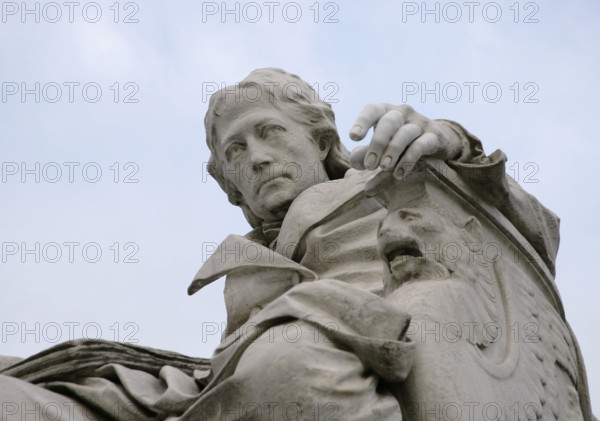 Marble statue of Wilhelm von Humboldt at the entrance to Humboldt University, Berlin, Germany, 2025. Creator: LTL.