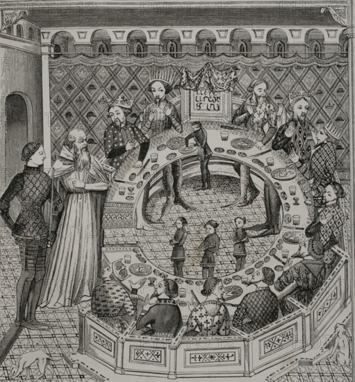 King Arthur’s Round Table, 14th-century miniature, 1877. Creator: Unknown.