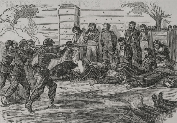 Shootings of Communards at the Jardin du Luxembourg, (Luxembourg Gardens), after the defeat…1871. Creator: Celestino Sadurni.