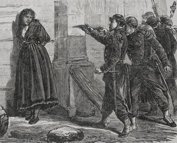 Execution of a pétroleuse by Versailles troops, Paris Commune, France, 1871. Creator: Celestino Sadurni.