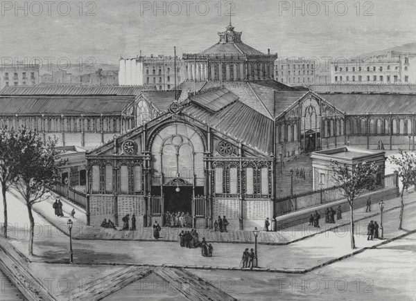 Exterior view of the new San Antonio Market, Barcelona, Catalonia, Spain, 1883. Creator: Eugenio Vela.