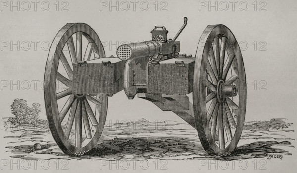 Christophe-Montigny Mitrailleuse - Hand-crank operated, front view, 1870.  Creator: Tomas Padro Pedret.