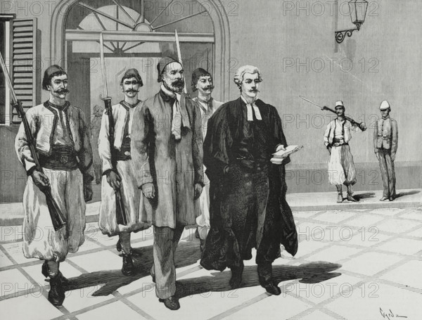 Urabi and the Honourable Mark Napier on their way from the prison to the Court...Cairo, 3 Dec 1882. Creator: Tomás Carlos Capuz.