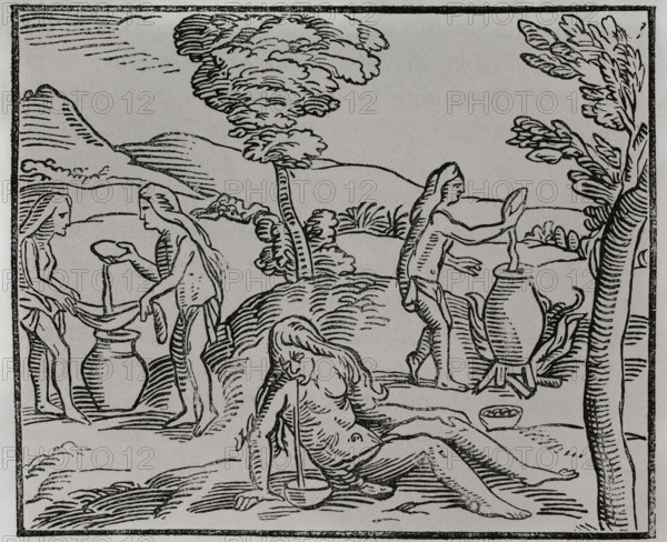 Preparation of chicha in ancient Hispaniola: washing and soaking the cereal..., America, 1892. Creator: Unknown.