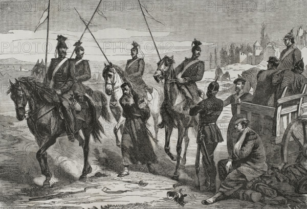 Franco-Prussian War (1870-1): Prussian Uhlans lead a captured French spy to the camp near Metz,1870. Creator: Tomás Carlos Capuz.