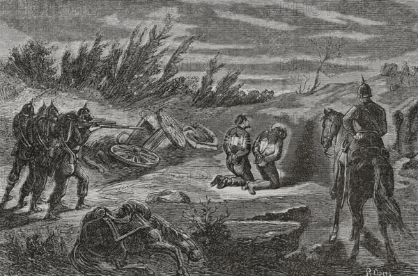 Franco-Prussian War (1870-71): Night execution of two men, caught...marauding a Prussian camp, 1870. Creator: Ribas.