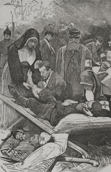 Franco-Prussian War (1870-1871): Prussian ambulances tending the wounded soldiers, Sep 1870 (1870).  Creator: Unknown.