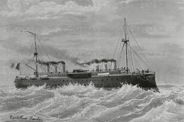 Lepanto, Ironclad battleship built for the Italian Regia Marina..., 1883.  Creator: Angel Cortellini Sanchez.