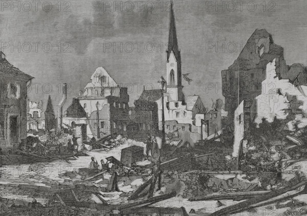 Franco-Prussian War (1870-71): The main street in Kehl after bombardment by French artillery, 1870.  Creator: Tomás Carlos Capuz.
