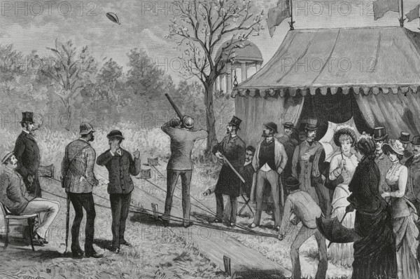 Bloodless Sport, the Terra-Cotta Pigeon at the Ranelagh Club, London, 1883.  Creator: Tomás Carlos Capuz.