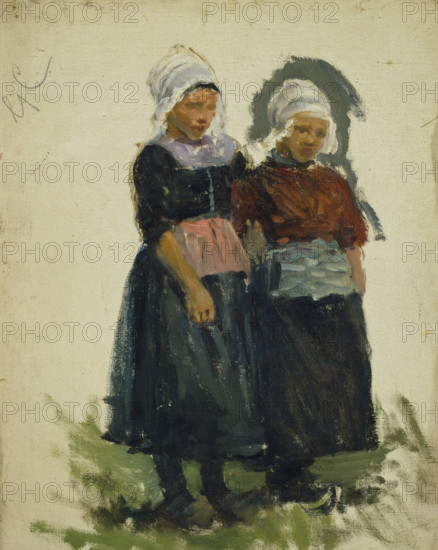Study of two young Dutch girls, (Volendam), mid-late 1870s. Creator: George Clausen.