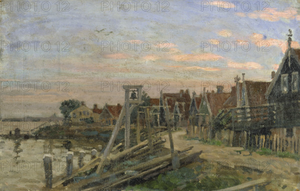 Study of wooden houses on a beach at sunset, (Holland), probably mid-late 1870s. Creator: George Clausen.