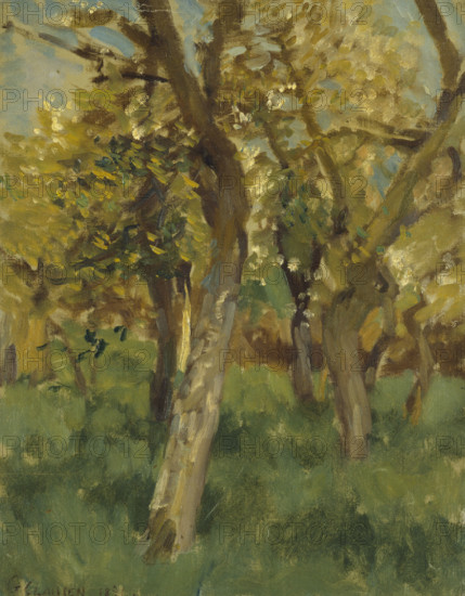 Study of blossoming trees in an orchard, 1891. Creator: George Clausen.