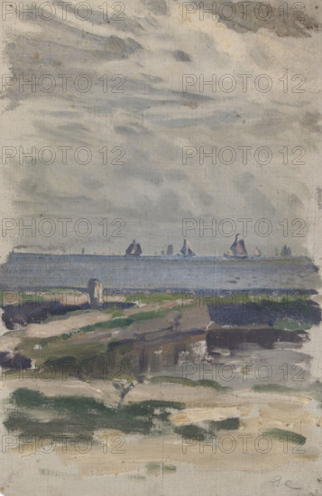 Study of a beach with a view out to sea and sailing boats, (Holland), mid-late 1870s. Creator: George Clausen.