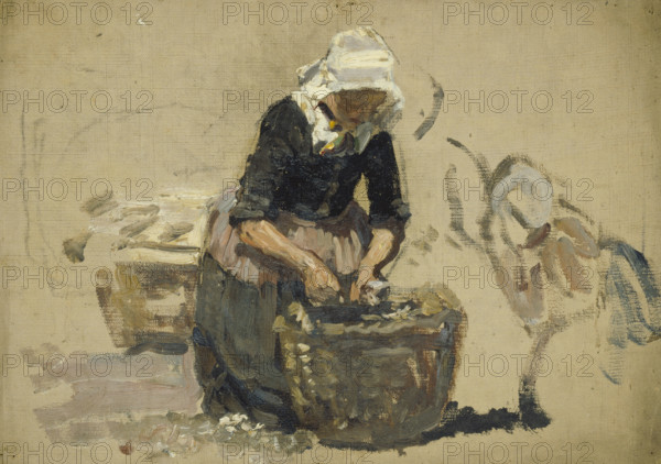 Study of a Dutch woman washing fish in a tub, (Volendam), mid-late 1870s. Creator: George Clausen.