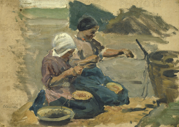 Study of two women engaged in a shoreline activity, (Volendam), mid-late 1870s. Creator: George Clausen.