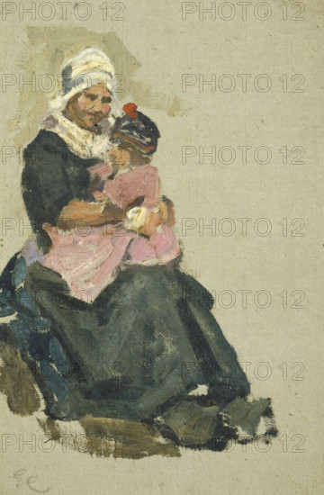 Sketch of a seated Dutch woman holding a child on her knee, (Volendam), mid-late 1870s. Creator: George Clausen.