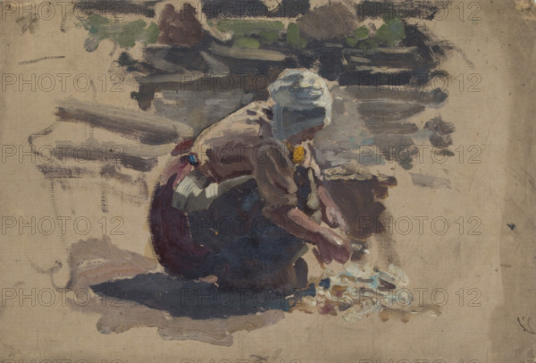 Study of a Dutch woman washing fish on a beach, mid-late 1870s. Creator: George Clausen.