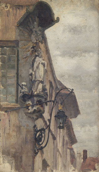 Study of a religious statue on a building exterior, (northern Europe), mid-late 1870s. Creator: George Clausen.