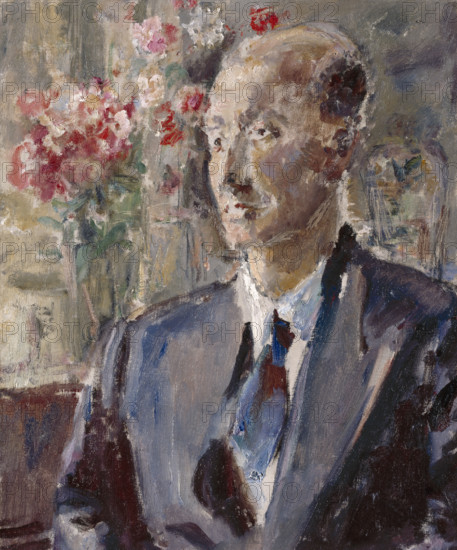 Portrait of a man with flowers in the background, (1930s?). Creator: Ethel Walker.