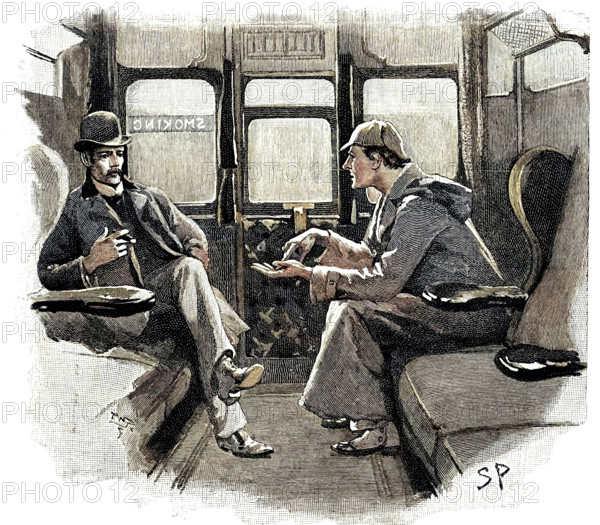 The Adventure of Silver Blaze, Holmes and Watson on train. Creator: Sidney E Paget.